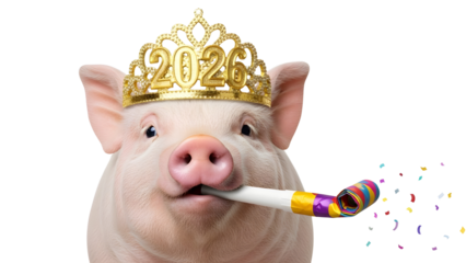 Cute piglet celebrating New Year 2026 wearing a gold tiara and blowing a party horn isolated PNG with Transparent Background