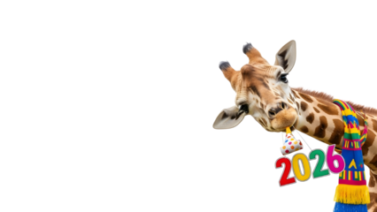 Giraffe wearing scarf and 2026 sign celebrating New Year and future holidays isolated PNG with Transparent Background