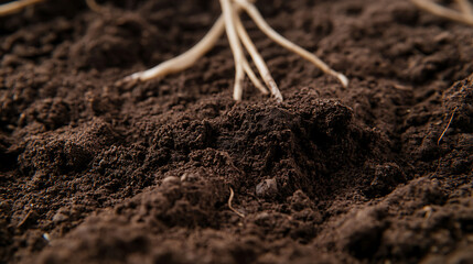 Close-up of rich, dark soil with plant roots. The soil is textured and appears fertile, ideal for growth and nurturing life.  Natural earthy tones are presented.