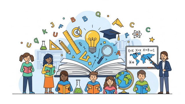 Children learning with books and educational symbols a concept for knowledge and discovery flat vector illustration for school or study