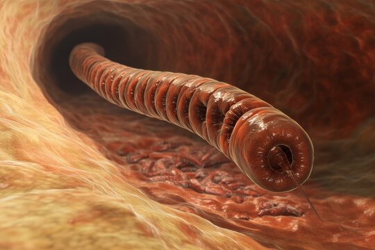 Selective focus. Scientific 3D rendering of Diphyllobothrium latum tapeworm
