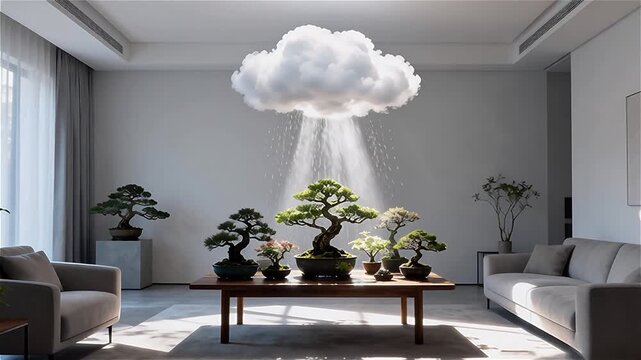 Una pequeña nube regando suavemente una mesa llena de bonsáis 