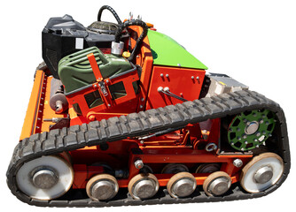 Close-up of a modern Agria mower crawler with tracks, tank, engine and metal parts, isolated on transparent background, PNG