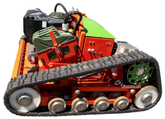 Close-up of a modern Agria mower crawler with tracks, tank, engine and metal parts, isolated on transparent background, PNG
