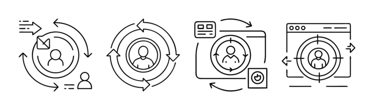 Customer lifecycle management and user engagement marketing icon set with targeting and retargeting
