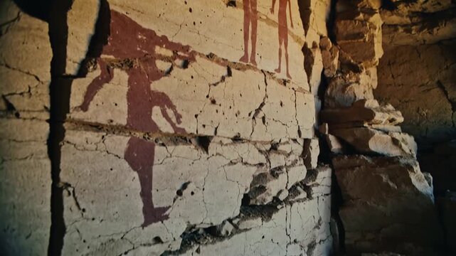 Ancient prehistoric cave paintings on rock wall, primitive art and history concept