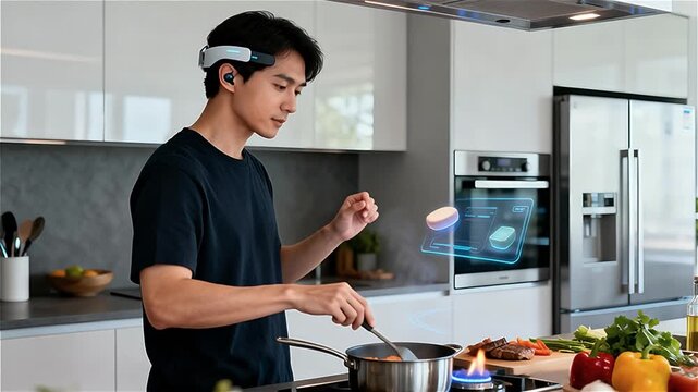 Una persona cocinando en una cocina ultra-moderna y futurista