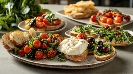 A culinary arrangement of bruschetta, showcasing vibrant tomatoes, creamy cheeses, and fresh greens. A delightful array of flavors on toasted bread slices. Mouthwatering!