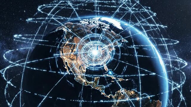 Global network connecting continents with digital data streams