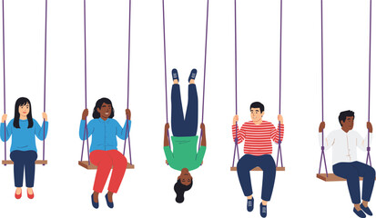 Set of diverse children characters playing on swings with one child swinging upside down in a flat vector style for playground concept. © Hosneara