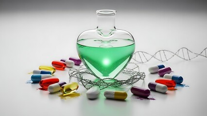 Laboratory Glassware with Pills and DNA Structure.