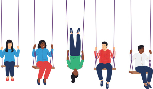 Set of diverse children characters playing on swings with one child swinging upside down in a flat vector style for playground concept.