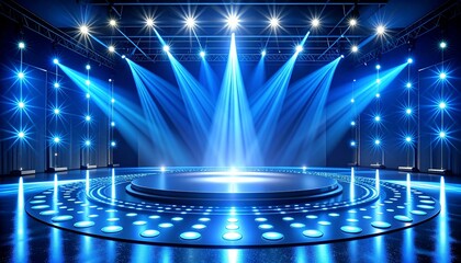 Futuristic Empty Stage with Bright Blue Light Beams and Podium