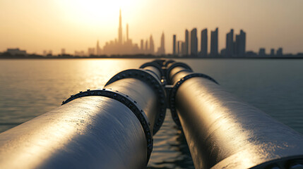 Metal pipes stretch over calm waters towards a hazy cityscape silhouetted against a bright, golden sky at sunset. Industrial design meets natural beauty on the horizon.