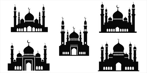 Five Black Silhouettes of Islamic Mosques with Domes and Minarets Keywords: mosque, Islamic, architecture, building, silhouette © MdAbdur