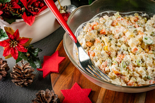 Traditional salad with cooked vegetables with mayonnaise.