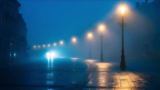 A foggy night on a quiet street with glowing lamps and wet pavement