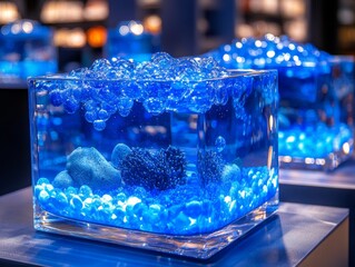 Selective focus. Aquariums with live seafood displayed in a store