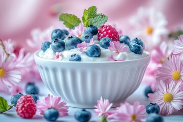 Selective focus. Baby puree with blueberries and yogurt in a bowl