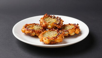 Appetizing crispy golden-brown plate of onion bhajji fritters arranged neatly on plain white plate, visible crunchy edges and sesame seeds, shallow depth of field