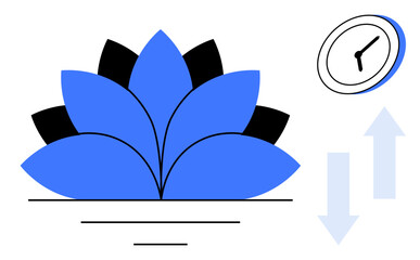 Wellness, meditation, productivity, time management, mindfulness, spiritual balance. Blue lotus flower with clock and arrows. Wellness and time management concept