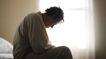 An older woman sits in silhouette, head bowed. Her posture is slumped, and she appears weary.  The soft lighting emphasizes her loneliness in what seems like a room.