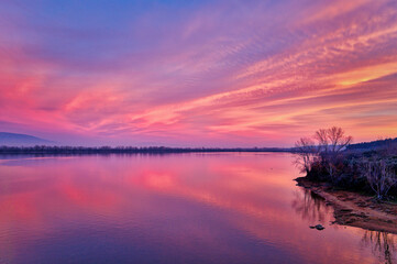 Sunrise Reflections on Calm Lake. Kerkini, Northern Greece