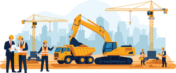 Flat vector illustration of a modern construction site featuring excavators dump trucks cranes and engineers working on an urban development project. © MDRIFAT