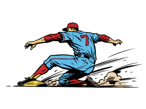 Dynamic Baseball Player Sliding into Base | Retro Comic Book Style Illustration of Sports Action on White Background
