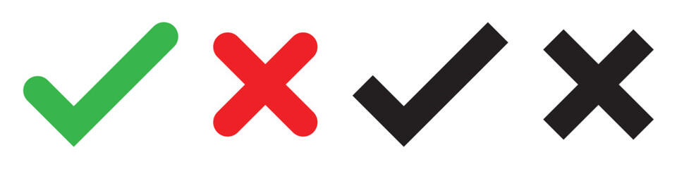 Green check marks and red crosses on a transparent background. Symbols for correct and incorrect. Check marks and crosses for decisions and feedback. Vector element set. 