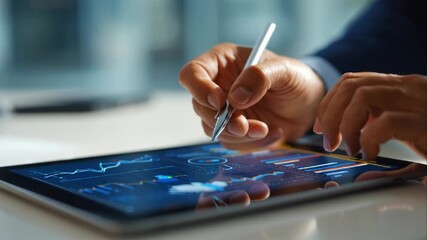 Business Analytics Data Visualization Tablet Pen Stock Footage Modern Technology Financial Charts Graphs Digital Transformation Investment Strategy Success Growth Report Analysis