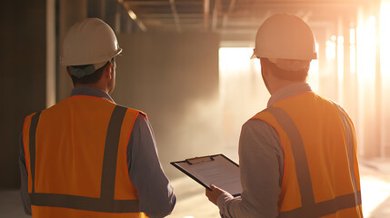 Two construction workers review plans at a site, sunlight streaming in. Safety gear is worn. Focused on building progress and oversight by the team.