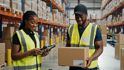 Warehouse worker scanning package with barcode scanner and colleague supervision - Powered by Adobe