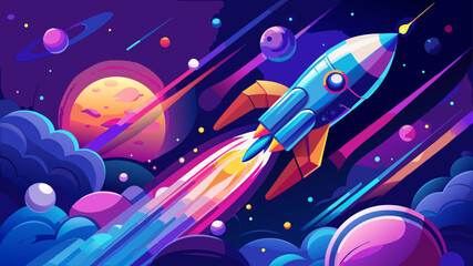 Fototapeta premium Very beautiful vector illustration of a futuristic rocket launching into deep space, surrounded by stars and glowing nebulae, dynamic motion and clean sci fi design.