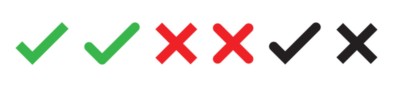 Green check marks and red crosses on a transparent background. Symbols for correct and incorrect. Check marks and crosses for decisions and feedback. Vector element set. 