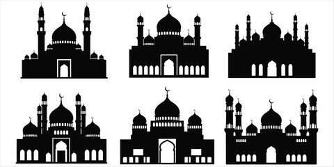 Six Black Silhouettes of Islamic Mosques with Domes and Minarets Keywords: mosque, Islamic, architecture, building, silhouette © MdAbdur