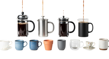 Three french presses pouring thick dark coffee streams into seven diverse ceramic and glass cups on saucers, isolated on a pristine infinity white studio backdrop. Concept for sophisticated coffee