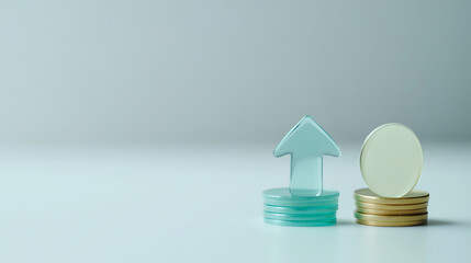 A stack of blue coins with a translucent arrow pointing upwards next to a stack of gold coins, symbolizing growth and financial success. Visualizes investment concepts.