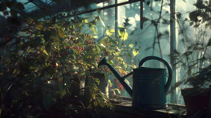 Serene Garden Scene: Sunlight streams through the glass panes of a greenhouse, illuminating a tranquil scene of thriving plants and a watering can, creating a sense of peace and natural growth.