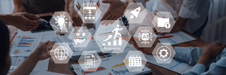 Vibrant workspace featuring hands engaged in discussion with productivity icons, highlighting collaboration, innovation, and the power of digital tools for business success. Gantry