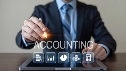 Businessman interacting with an accounting interface on a tablet, professional bookkeeping, tax planning and financial management concept..png