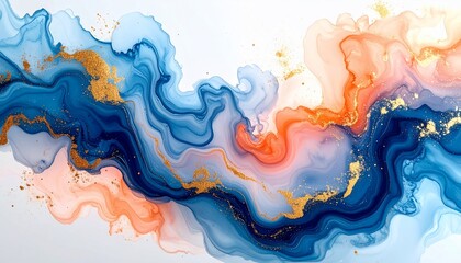 Fluid Abstract Art with Swirling Blue and Orange Ink and Golden Glitter