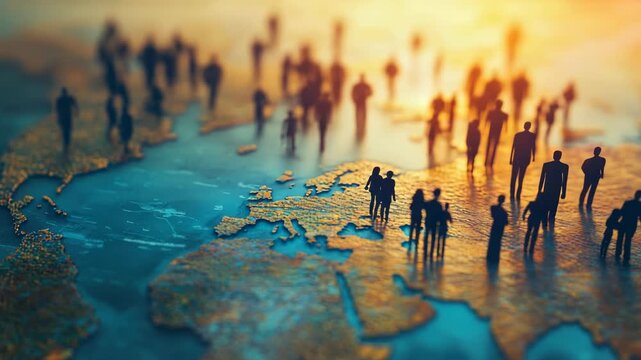Blurred group of people standing on detailed world map