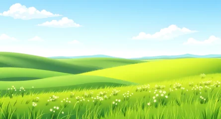 Fototapeten Lindgrün green grass landscape, blue sky scenery, grassy hills vector, summer meadow illustration, landscape with clouds vector, sunny landscape drawing, green field clipart, nature landscape illustration, cou  © QPIXEL