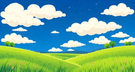 Obraz premium green grass landscape, blue sky scenery, grassy hills vector, summer meadow illustration, landscape with clouds vector, sunny landscape drawing, green field clipart, nature landscape illustration, cou