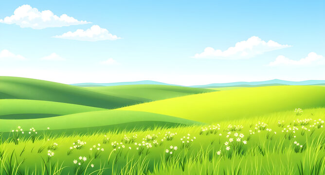 green grass landscape, blue sky scenery, grassy hills vector, summer meadow illustration, landscape with clouds vector, sunny landscape drawing, green field clipart, nature landscape illustration, cou