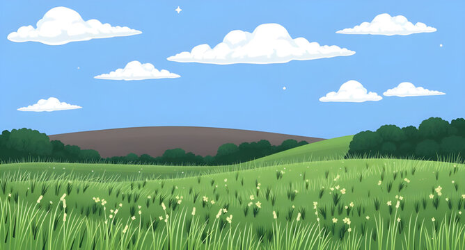 green grass landscape, blue sky scenery, grassy hills vector, summer meadow illustration, landscape with clouds vector, sunny landscape drawing, green field clipart, nature landscape illustration, cou
