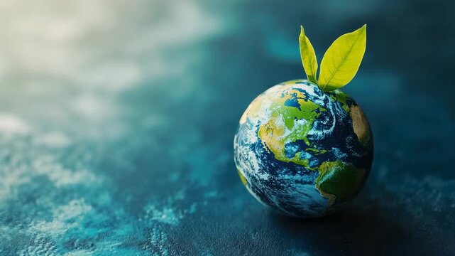 Small globe with green leaves symbolizing environmental conservation on blue surface