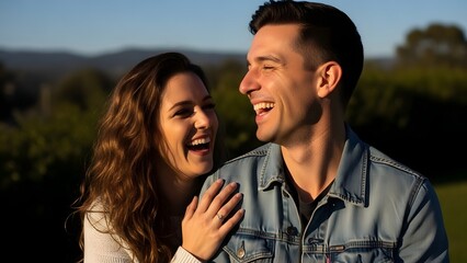 Happy couple laughing together outdoors during golden hour