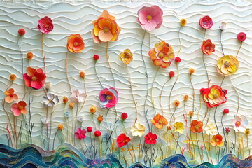 abstract background with flowers. 3D embossed clay wall elegant multicolored flowers